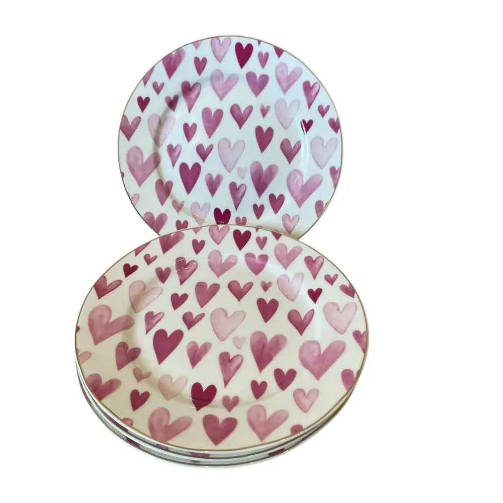 4 Grace Teaware Porcelain Pink & White Valentine's Day Heart 8in Salad Plates